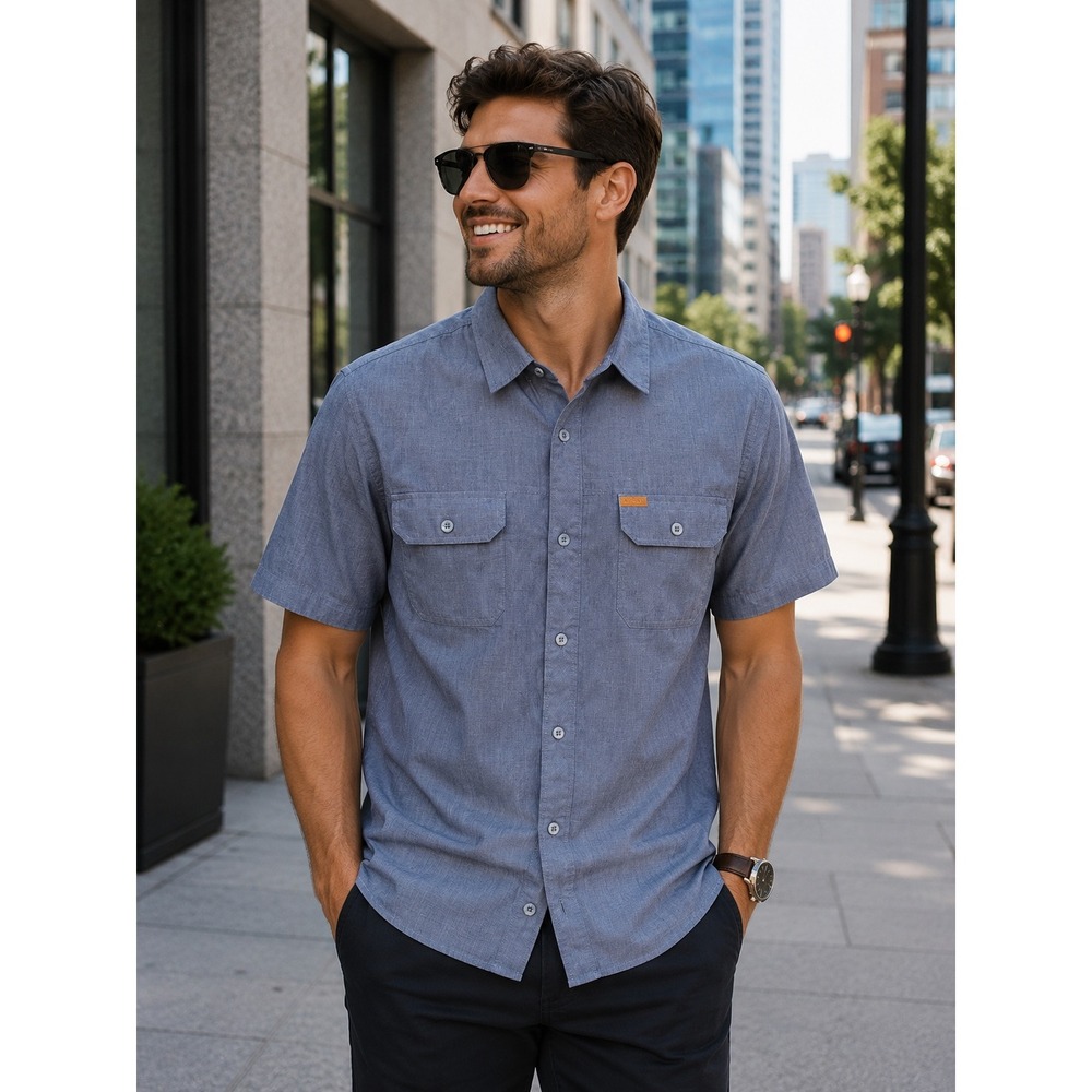Orvis Blue Short Sleeve Button Down Fishing Hiking Shirt Mens Large